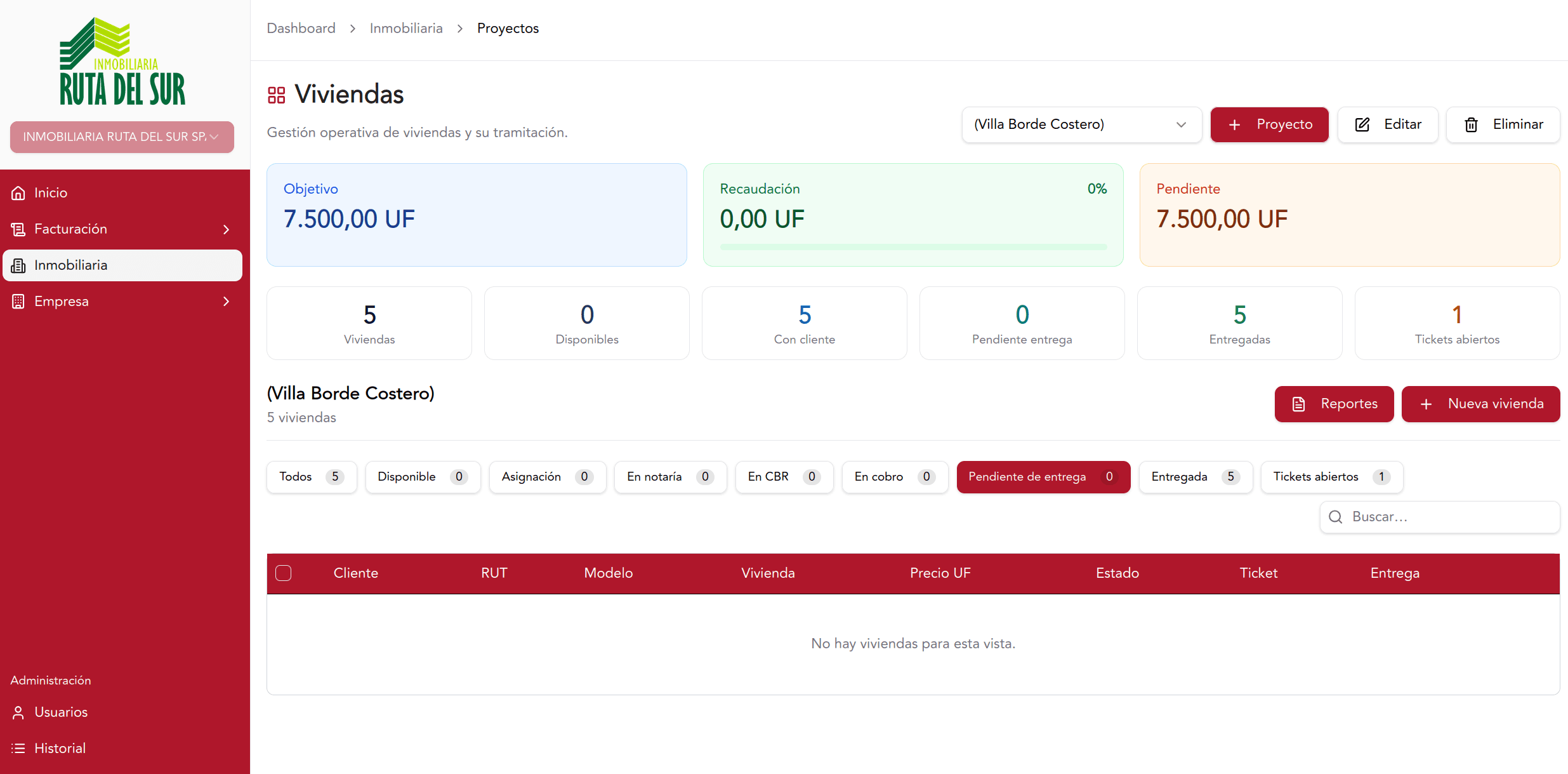 Web application to manage invoicing and real estate projects for a Chilean construction company